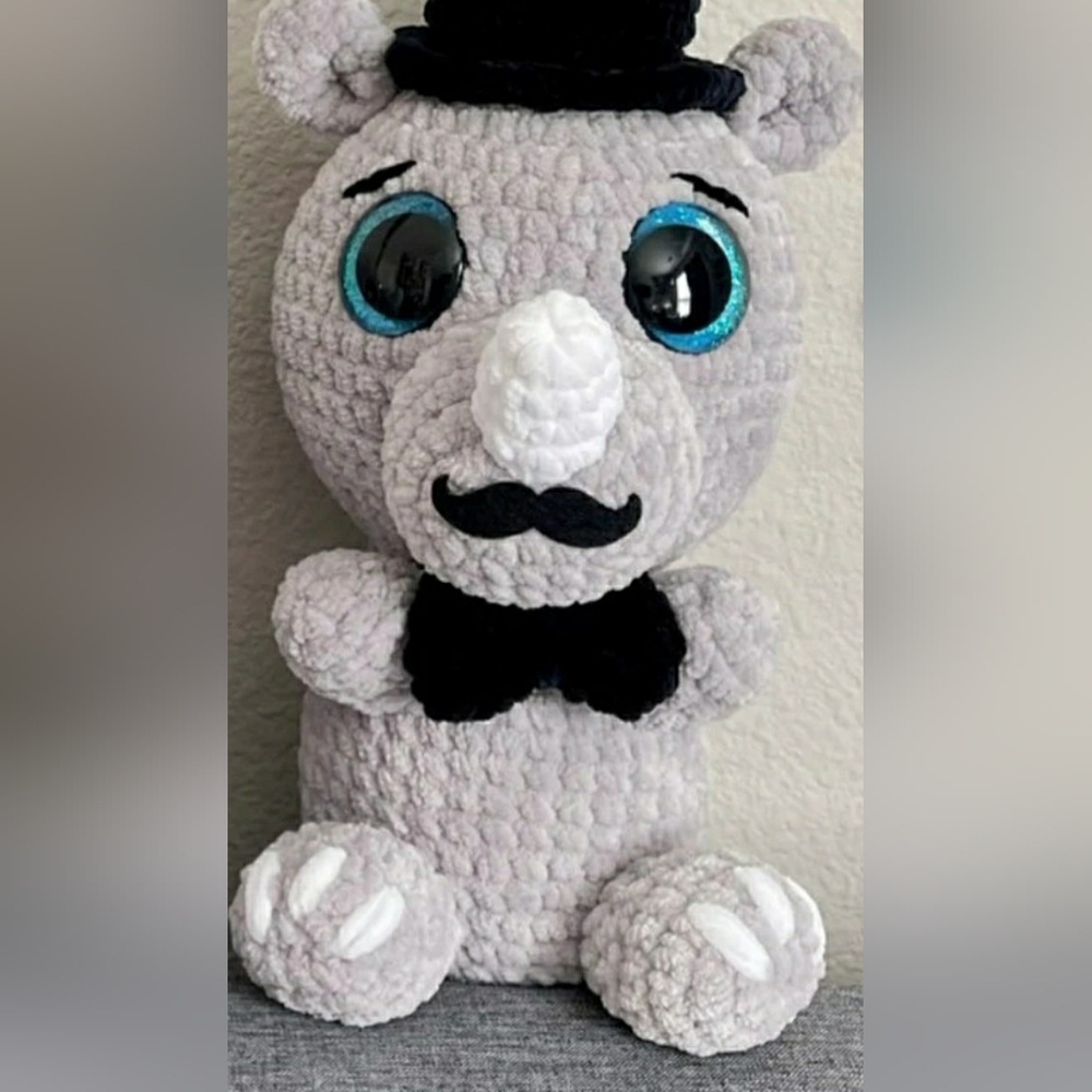 Crochet Rino Stuffy Gray Plush Black Hat Bowtie Mustache Handmade